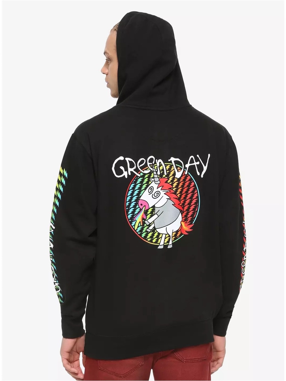 Green Day Pullover Hoodie with Rainbow Unicorn Logo Sleeve Graphics